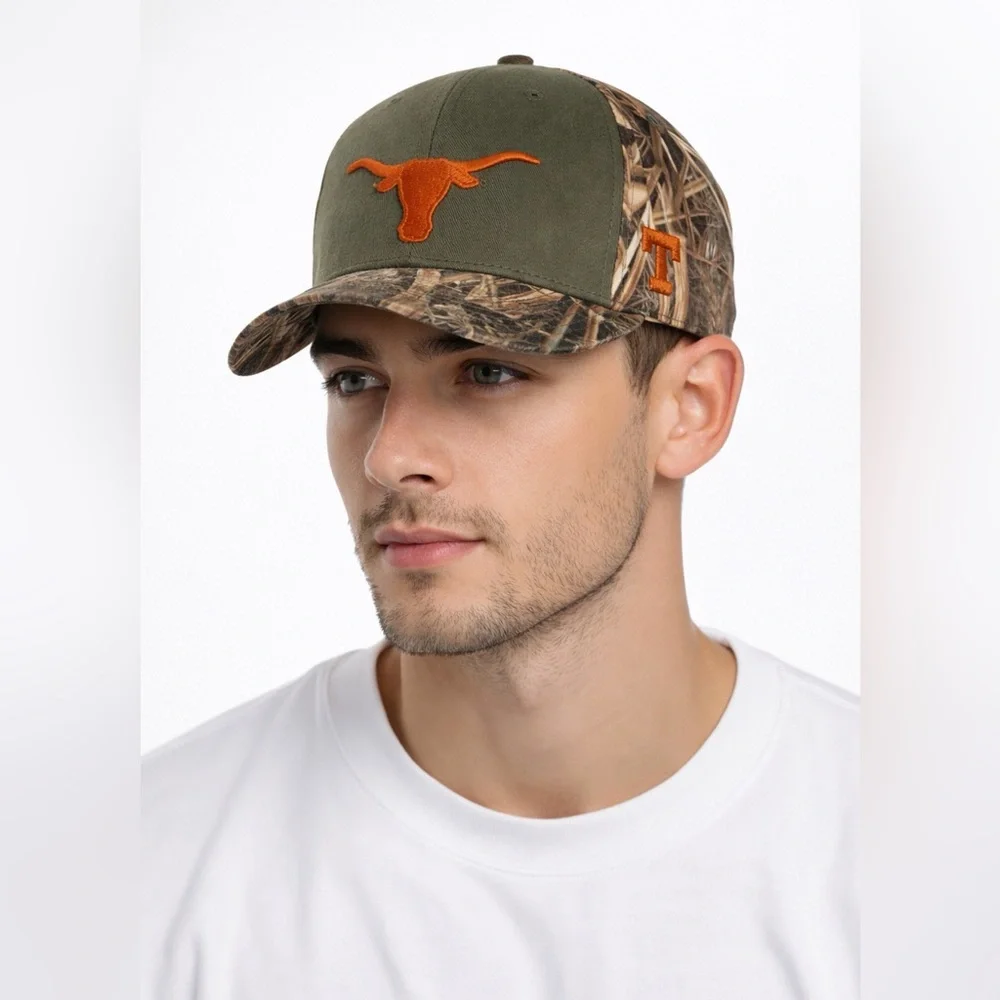 Texas Longhorns Hat Camo Olive Adjustable OSFA NCAA(B147)✨